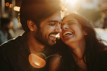 Wall Mural - Young Indian ethnic couple having fun and laughing together 