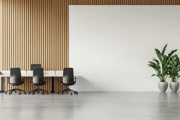 Poster - desks and chairs, wood ceiling, large white wall, concept of workplace mockup. 3d rendering.