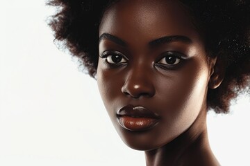 African american woman with makeup and healthy skin on white background