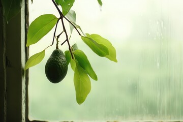 A fresh avocado hangs from a branch, framed by soft green leaves, creating a serene and vibrant natural ambiance.