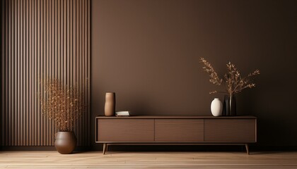 Wall Mural - Home Mockup Interior with Dark Brown Minimalist Decor - 3D Render