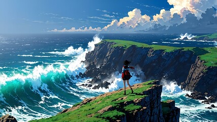 dramatic cliffside overlooking a deep blue ocean with background