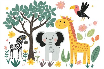  An isolated clipart collection of African safari animals for kids, including lion, zebra, zebra toucan, elephant, ostrich, and toucan.