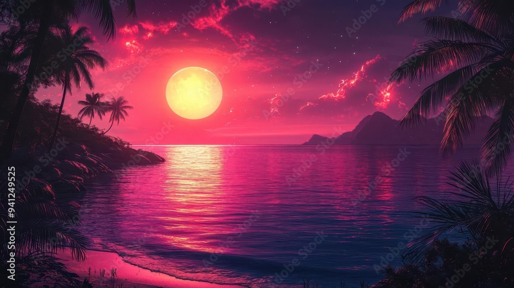 retro synthwave sunset landscape neon grid horizon purple and blue ...
