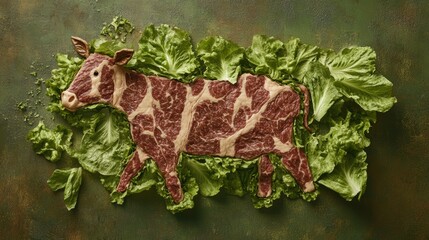 A picture of a cow made out of meat and lettuce, AI