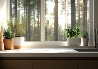 Poster - The image shows a modern kitchen with light wood cabinets and white tiles, a blank wall and large glass windows in a minimalistic design. 3D rendering.