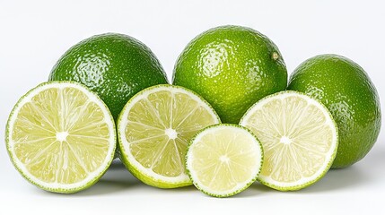 Wall Mural -   A group of limes with one cut in half and the other whole, on a white background