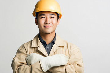 Worker wearing hard hat smiling positively