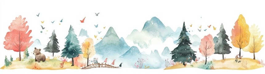 Poster - Mountain adventure illustration. Horizontal banner for a children's room. Watercolor illustration of a bear riding a hilly road.