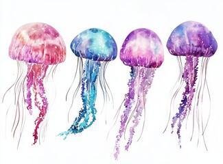 Poster - Detailed watercolor painting of a jellyfish marine animal organism set.
