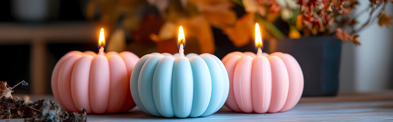 Wall Mural - Pumpkin shaped candle, pastel pink and blue 