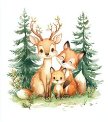 Canvas Print - An illustration for a nursery or wall decoration featuring forest creatures. Deer, fox, squirrel, green trees, pine, fir, flowers.