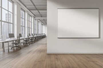 Poster - This is a 3D rendering of a modern office space with open workstations, blue chairs, white walls, wooden floor, and a city view.