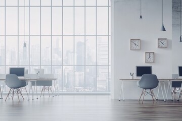 Poster - Co-working space with modern furniture, bright lighting, city skyline visible through large windows and a 3D rendering.