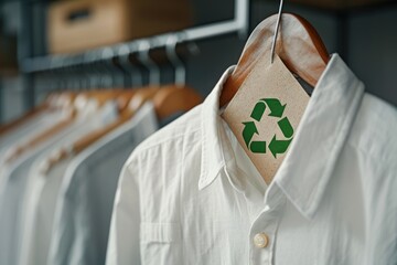 Eco-friendly clothing with a recycled tag hanging in a stylish boutique