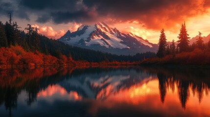 Wall Mural - A mountain range is reflected in a lake at sunset, AI