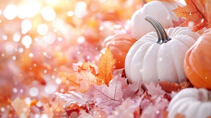 Wall Mural -   A stack of white and orange pumpkins sits atop a mound of pink and orange leaves, bathed in sunlight