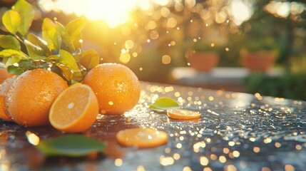   A set of oranges atop a table beside a verdant plant with water beads