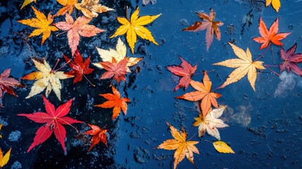 Canvas Print - A bunch of leaves are floating on the water in a pond, AI