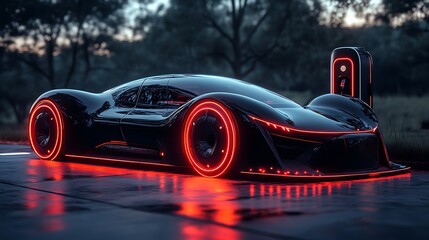 Electric sports car at charging station, neon glow, sleek futuristic design, dark background