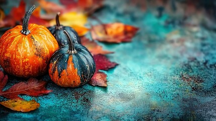   Two small pumpkins rest on a blue background with surrounding fall foliage below