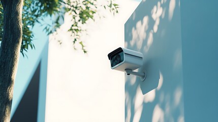 Modern security camera mounted on a white wall with a tree in the background.