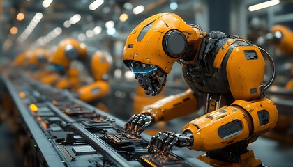 Mechanized industry robot and robotic arms for assembly in factory production. Concept of artificial intelligence for industrial revolution and automation manufacturing process