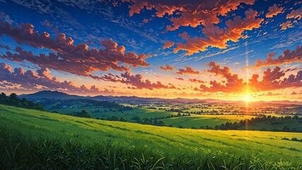 Wall Mural - serene sunset over rolling hills with warm hues blending background