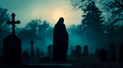 Wall Mural - Silhouette of a grim reaper on a grave yard 