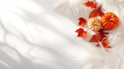 Wall Mural -   A group of orange and white pumpkins atop white feathers on a white surface