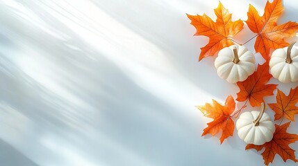 Sticker -   A stunning scene of white pumpkins surrounded by orange foliage, set against a serene white backdrop and the backdrop of a vibrant blue sky and cloudy horizon