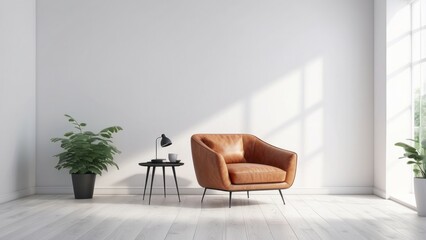 Wall Mural - A brown leather armchair in a minimalist living room