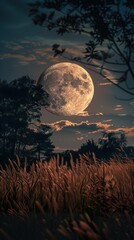 Full Moon Over Grassy Field - Night Sky Photography