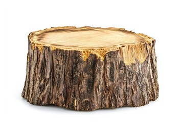 Realistic wooden tree stump on white background, detailed texture natural wood cross-section.