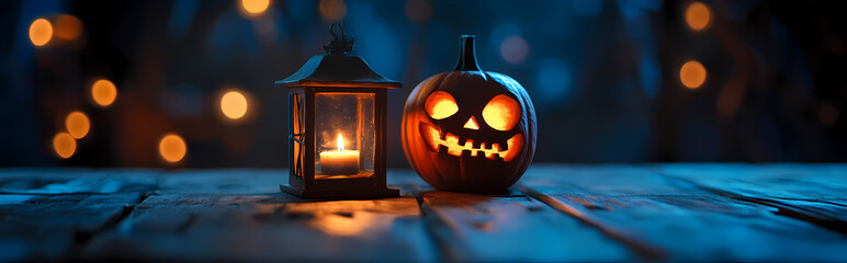 Two halloween lanterns with evil eyes and face on a wood table with a spooky dark blue background at night with light bokeh. 