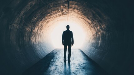 Wall Mural - a figure standing at the edge of a dark tunnel, looking towards a distant light, symbolizing the jou