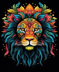 Wall Mural - Colorful abstract lion head illustration with intricate patterns and vibrant floral details on a dark background