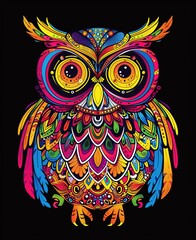 Wall Mural - Colorful abstract owl illustration with intricate floral patterns and vibrant details on a dark background