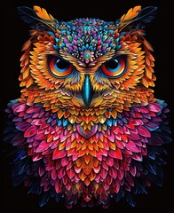 Wall Mural - Vibrant abstract owl with intricate feather patterns and colorful details on a dark background