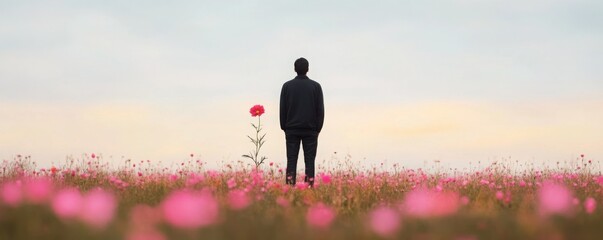 Wall Mural - a person standing in a field of withered flowers, but a single vibrant bloom stands tall among them,