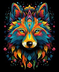 Wall Mural - Vibrant abstract wolf head with intricate patterns and colorful geometric designs on a dark background