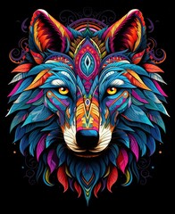 Wall Mural - Vibrant abstract wolf head with intricate patterns and colorful geometric designs on a dark background