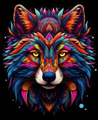 Wall Mural - Colorful abstract wolf head illustration with intricate patterns and vibrant colors on a black background