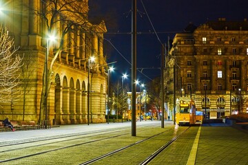 Poster - Fast moving yellow tram in the heart of Budapest, Hungary