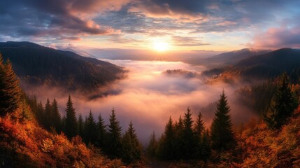 Poster - A view of a beautiful sunset over the mountains and fog, AI