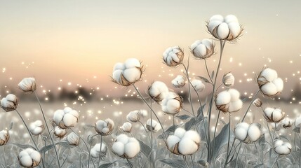 Sticker -   A field of cotton plants with a sunset behind and water in the foreground, painted