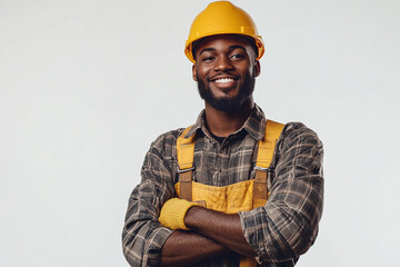 Worker wearing hard hat smiling positively