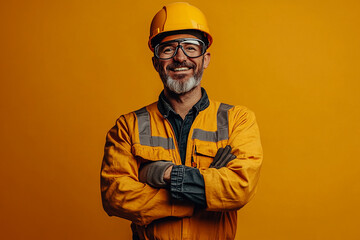 Worker wearing hard hat smiling positively