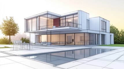 Poster - 3D illustration of a modern house design sketch