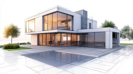 Poster - 3D illustration of a modern house design sketch